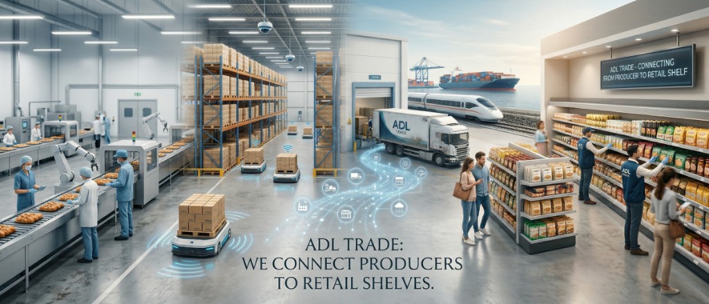 Ilustrație lanț ADL Trade — producție, depozit, logistică (camion, tren, navă) și raft retail; mesaj despre conectarea producătorilor la raft