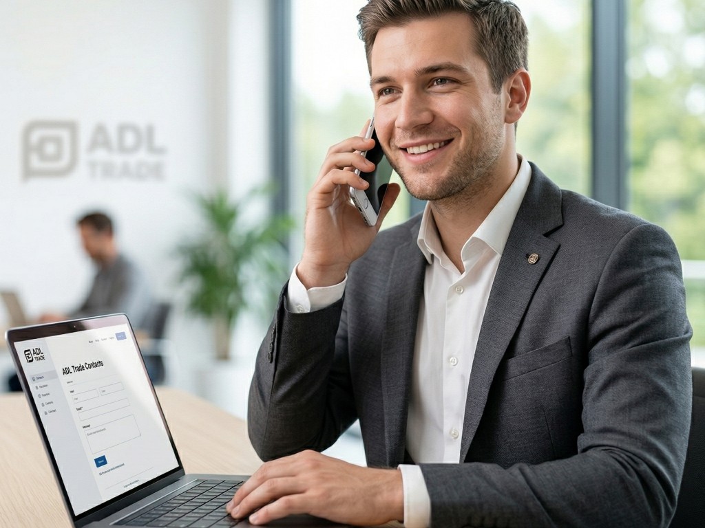 Specialist la birou la telefon, laptop cu pagina de contacte ADL Trade; birou luminos cu branding ADL Trade