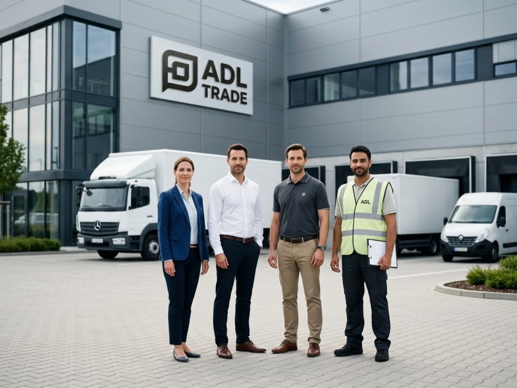 Echipa ADL Trade în fața hub-ului logistic — semnalistică pe clădire, camioane de livrare și personal de birou și teren